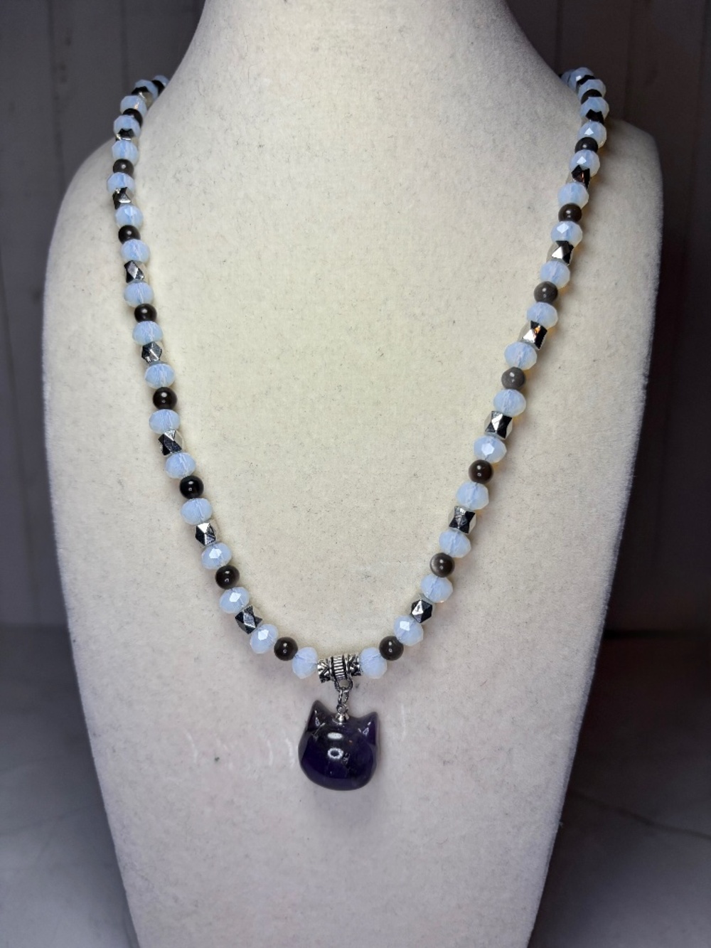 Opal, Silver Obsidian, & Amethyst Cat Head Necklace